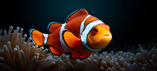 Sea animal salt water fishes background - Clownfish (amphiprion percula) on coral reef, cute anemone fish (Generative Ai) - obrazy, fototapety, plakaty