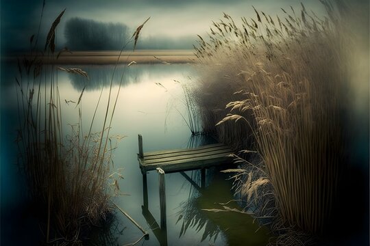lake with a pontoon and reeds at the edges Dreamy 