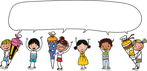 Hand-drawn Vector Cartoon template boys and girls at school speaking a message in a big bubble. Colored Vector Sketchnote illustration showing diverse boys and kids.