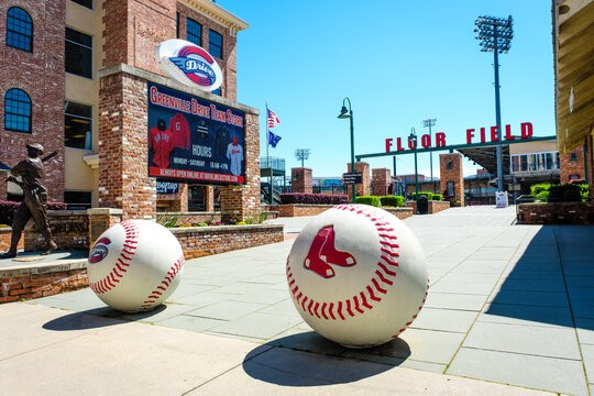 Fluor Field baseball stadium entrance with baseball sculptures in Greenville, South Carolina on March 29, 2003