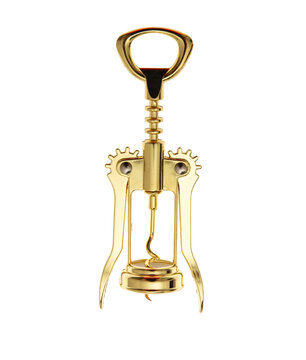Corkscrew isolated on transparent, PNG. Wine bottle opener golden color
