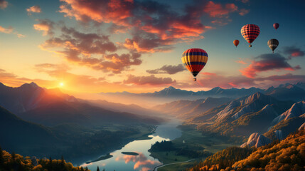 Colorful hot-air balloons flying over misty morning sunrise