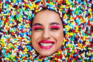 Artistic image of a beautiful woman sunk inside colored pills and capsules.