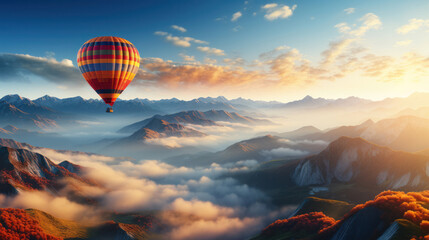 Colorful hot-air balloons flying over misty morning sunrise