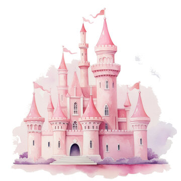 Pink watercolor princess castle isolated. Illustration AI Generative.