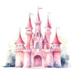 Pink watercolor princess castle isolated. Illustration AI Generative.