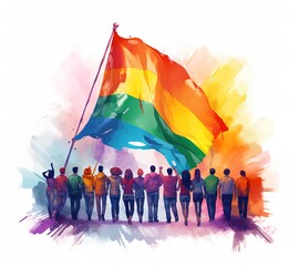 Young different people having fun holding LGBT rainbow flag outdoors