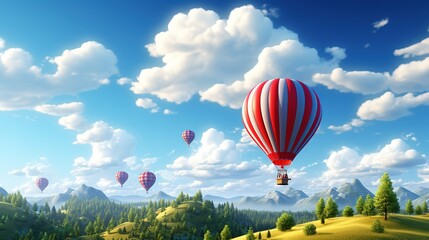 Colorful hot air balloons fly over the mountains