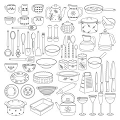 Kitchen utensils, spoon, fork, knife, kettle, pitcher, mug, whisk, ladle, plate, bowl. Line art.