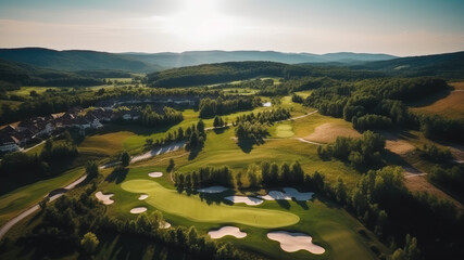 Fototapeta na wymiar Beautiful drone photo of a golf resort summertime - Generative AI