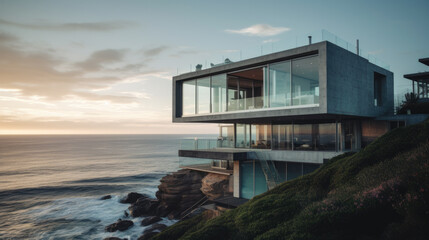 a modern luxury villa on a cliff directly on the beach by the sea. Generative AI