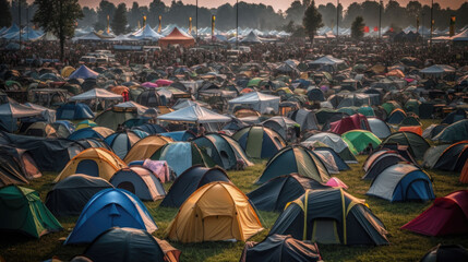 a large tent city on a site at a music festival. Generative AI - obrazy, fototapety, plakaty