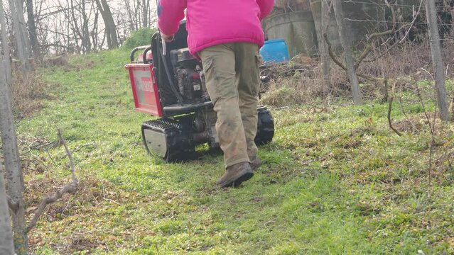 farmer using crawler mini dumper to transport heavy machinery in the vine yard on the hill.