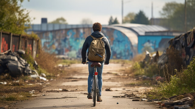 back view of a young man on a bicycle traveling on a deserted road. Generative AI