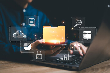 Document management and business work concept, Businesswomen show folder, and icon document management  management control online with use laptop on security storage system and cloud computing