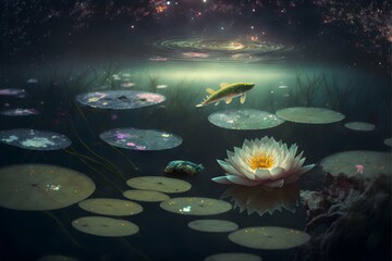 Fototapeta na wymiar serene pond on alien planet with crystalline lily pads iridescent lily flowers tiny ambient fish flitting around under the water surface photographed by national geographic 