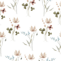 Watercolor seamless pattern with leaves, flowers. Pattern with wildflowers, herbs. Forest motifs. Boho style, gentle, children's print. Ecostyle.