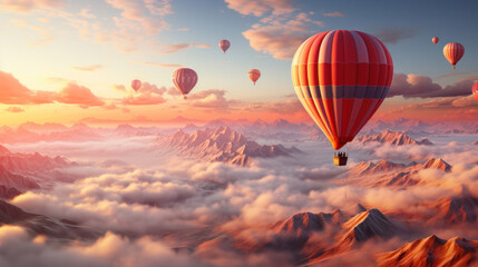Aerial view from colorful hot air balloons flying over with the mist balloon