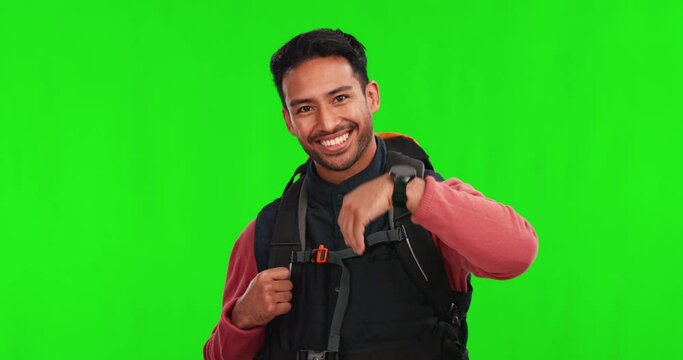 Hiking, join us and man green screen, backpack and travel adventure, eco friendly journey and welcome or offer. Tourism, trekking and face of asian person pointing you for nature on studio background