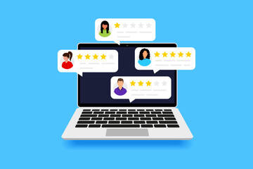 Laptop with customer reviews. Customer feedback review experience rating concept. User reviews with good and bad rate. Rating bubble. User client service message. Feedback, experience concept - obrazy, fototapety, plakaty