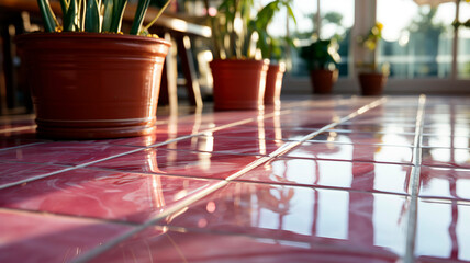 Clean pink marble tile floor in kitchen, close up.