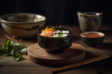 Fototapeta na wymiar Gorgeous photo of Sushi, Miso soup, and seaweed salad