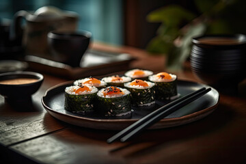 
Gorgeous photo of Sushi, Miso soup, and seaweed salad