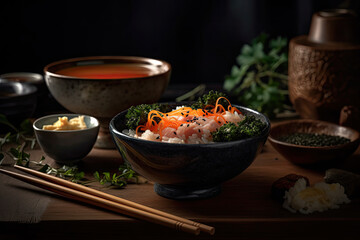 
Gorgeous photo of Sushi, Miso soup, and seaweed salad