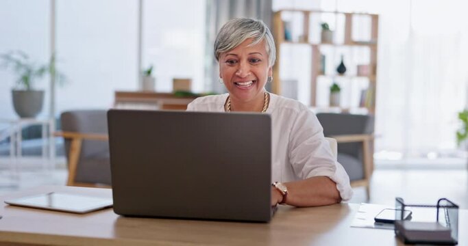 Technology, senior woman with laptop and happy for remote work with a smile. Online communication or connectivity, social networking and elderly female accountant type an email at workstation