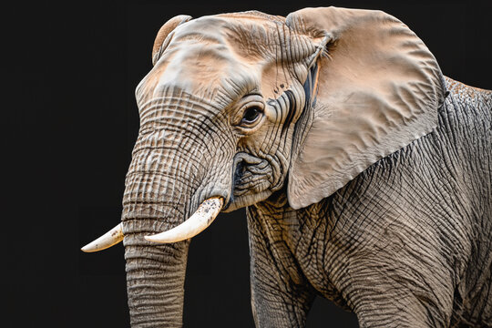 Big African elephant, portrait, close-up. Dark background