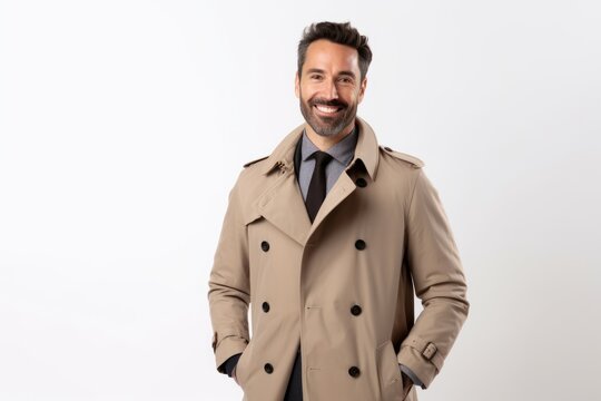 Handsome man in trench coat smiling at camera on white background