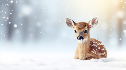 Cute little baby deer or fawn on the white snow. Digital illustration generative AI. © Tepsarit