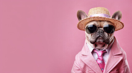 Cool looking french bulldog wearing funky fashion jacket, tie, sunglasses and straw hat in pink theme. Isolated on pink background with copy space area that can place a text. Digital illustration gene