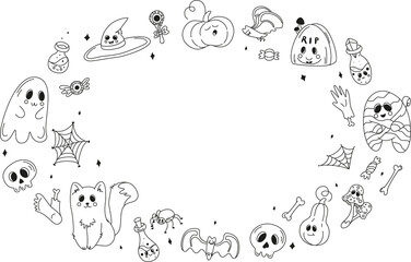 Collection of halloween silhouettes icon and character, set of elements for halloween, doodles set halloween, mystical set, trick or treat, line art illustrations