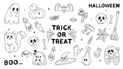 Collection of halloween silhouettes icon and character, set of elements for halloween, doodles set halloween, mystical set, trick or treat, line art illustrations