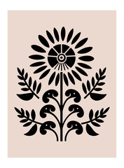 Symmetrical ornament with flowers and leaves, scandinavian folk art poster. Floral silhouette composition. Ethnic botanical vector illustration.
