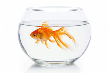 Goldfish swimming in a glass fishbowl isolated on a white background