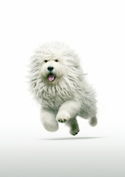 Old English Sheepdog running and jumping. Animal movement concept. Dogs are full of energy and always need to be moved. AI generated.