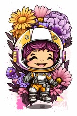 chibi astronaut wearing a flower crown yellow pink and purple flowers marginalia cute and cheerful 