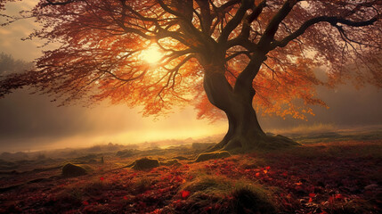 Autumn dreamy landscape with a tree. AI