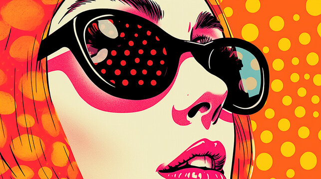 Retro pop art lady profile, white lady in sunglasses, old Hollywood glam style, orange polksdot backdrop, vintage midmod fashion face with headscarf and red lips (generative AI, AI)
