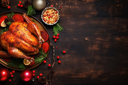 thanksgiving dinner with roasted turkey and candles. autumnal or christmas decoration. Top view. Copy space