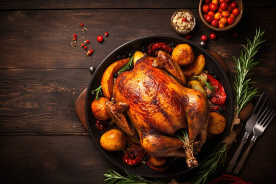 Thanksgiving Dinner With Roasted Turkey And Candles. Autumnal Or Christmas Decoration. Top View. Copy Space