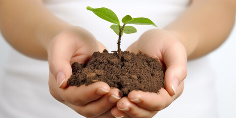 a small green sprout of a plant grows from a handful of earth in human palms, close-up. Generative AI