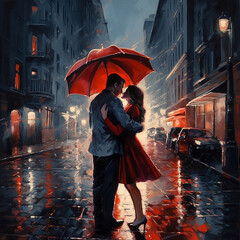 A painted image of a romantic couple in love under a red umbrella and against the backdrop of the architecture of a medieval European city. Generative AI