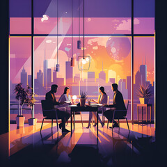 a flat illustration of the business start, with business people preparing for a meeting, in the style of light violet and dark amber, by ai generative