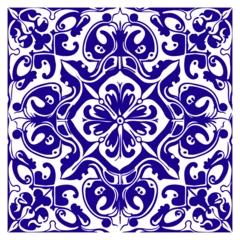 Stof per meter Blue mediterranean tile vector illustration. Moroccan ornament. Mosaic decor. © Iryna