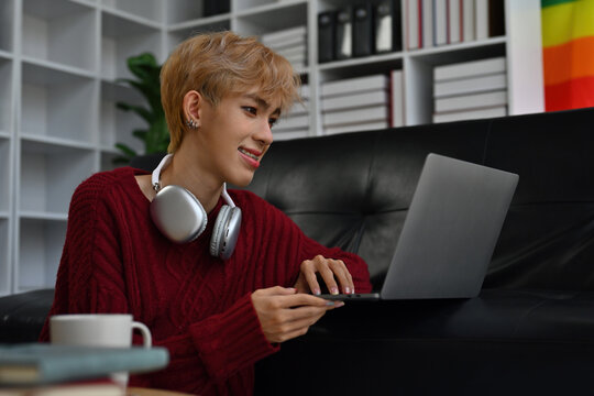 Portrait With Young Asian Gay Teenager Learning Online Class With Laptop, Self Study At Home Concept.