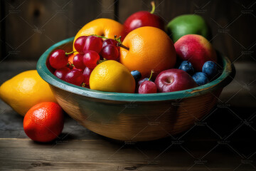 Close-up of a Colorful Fruit Bowl with a Wooden Background