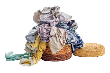 Used clothes in a pile on a laundry basket. Sorting and cleaning second-hand. Preparing for washing - 617449374